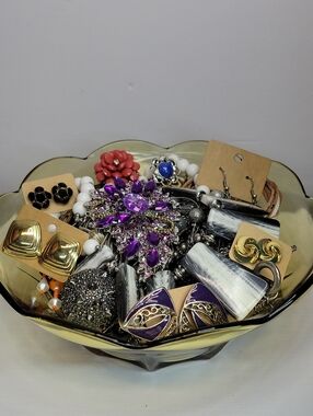 Assorted Jewelry In A Glass Dish